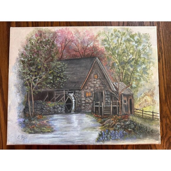 SIGNED Mill Building Water Trees Painting On Canvas By ETTA‎ IZZI 2010 - Picture 1 of 2